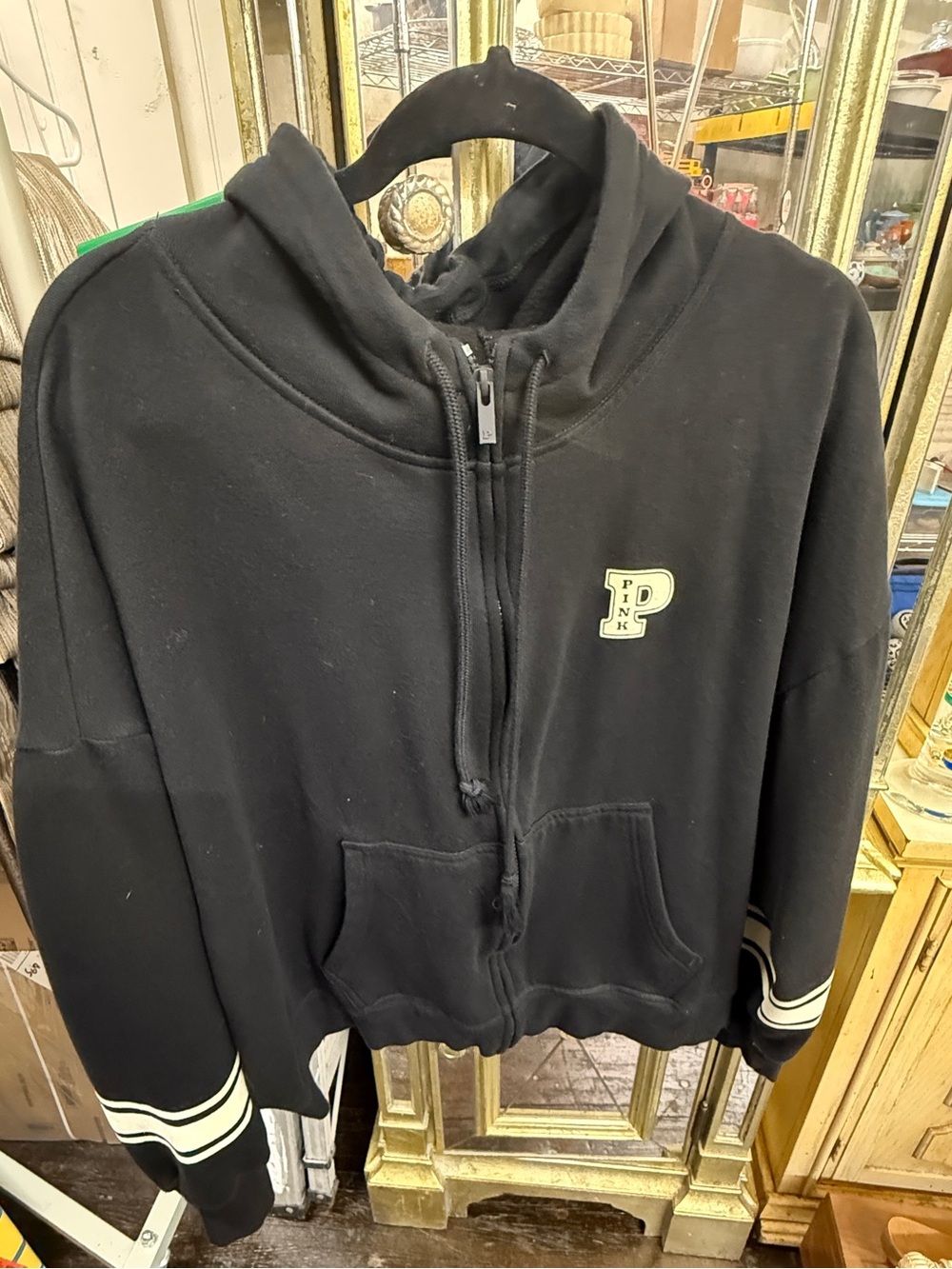ictoria’s Secret PINK Ivy Fleece Campus Full-Zip Hoodie Black Varsity Stripe XXL
